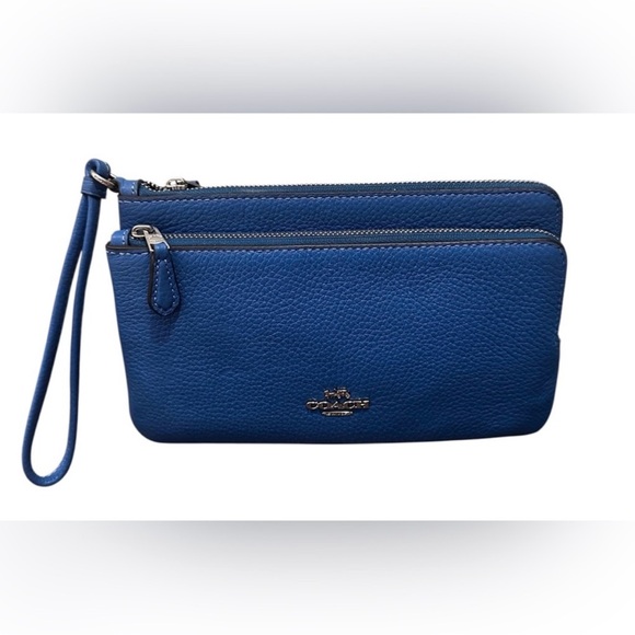 💙 NWT! COACH Racer Blue Double Zip Pebble Leather Wallet/Clutch/Wristlet - Picture 1 of 7